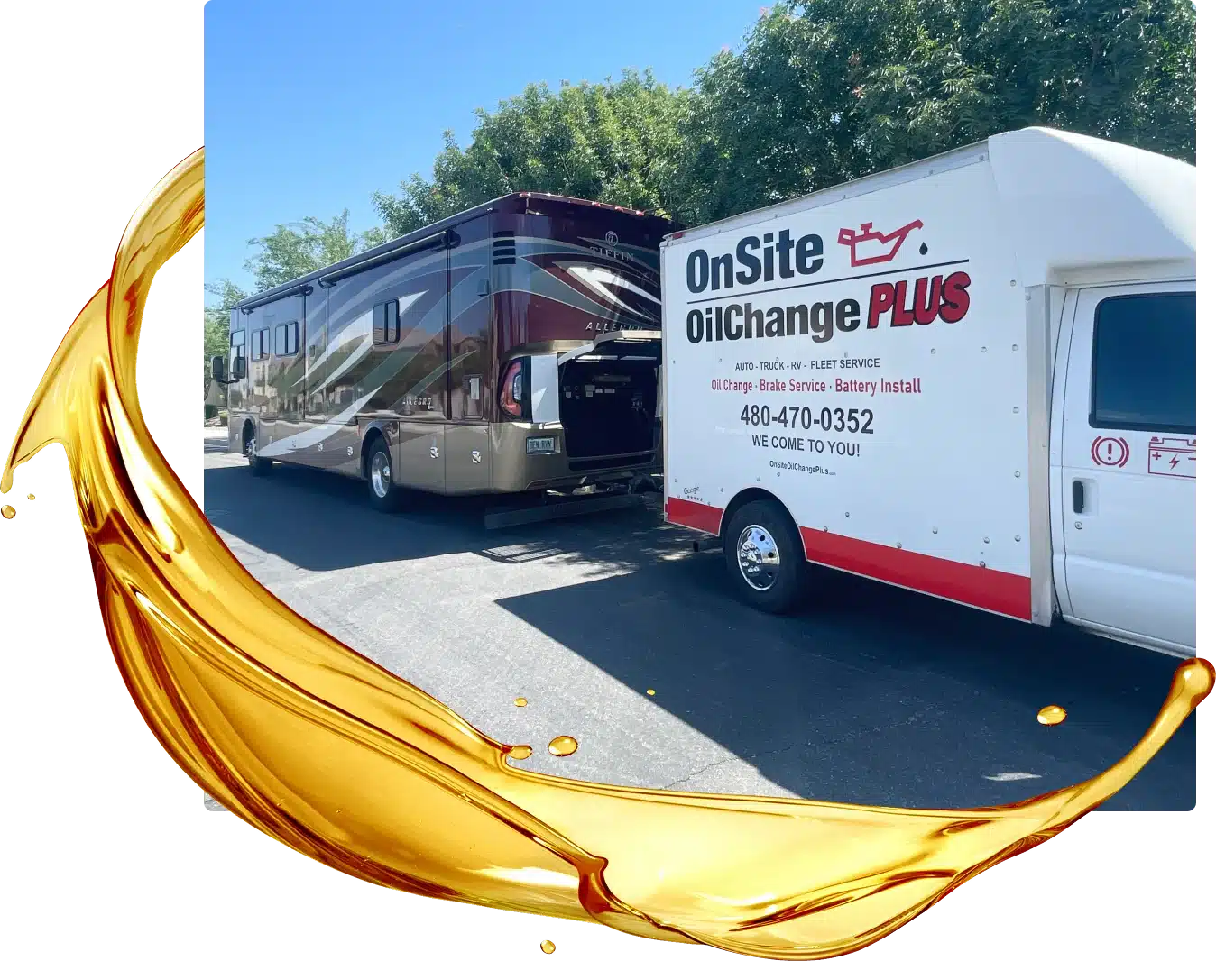 A mobile oil change service truck labeled “OnSite OilChange PLUS” is parked next to a large RV on a sunny day, offering convenient oil change solutions. Trees and a gold paint splash design frame the scene.