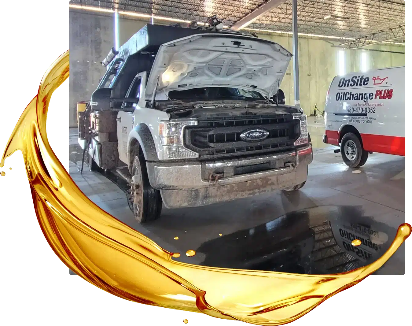 A white Ford pickup truck with its hood open is parked indoors, appearing to undergo maintenance. A service van labeled OnSite OilChange PLUS stands beside it. Car filters and a gold oil splash graphic accent the image’s border.