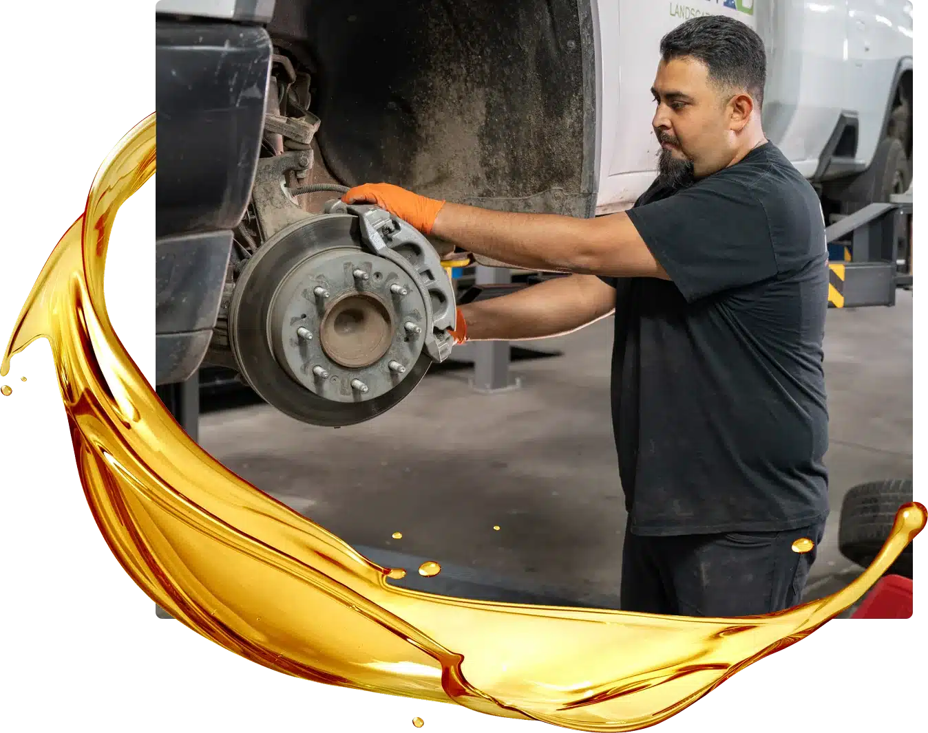 A mechanic wearing orange gloves inspects the brake rotor of a raised vehicle in a garage, with a stylized golden oil splash graphic in the foreground, highlighting attention to brake safety and maintenance.